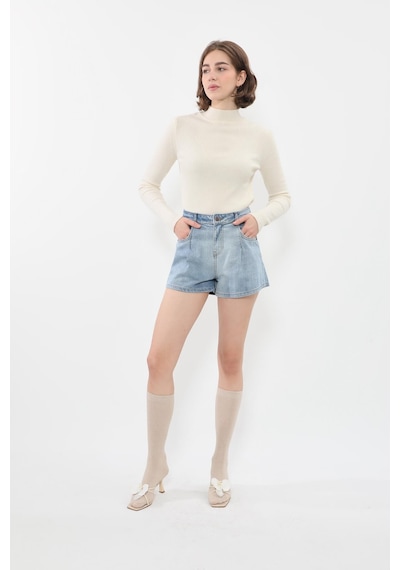 Blue White Kadın %100 Pamuk Açık Mavi Mini Jean Şort mavi Mavi