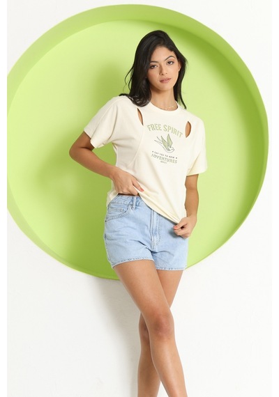 Kadın Cut Out Detaylı T-shirt Ekru