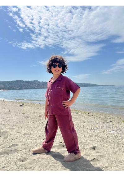 Cigit Cebi Nakışlı Gömlek Pantolon Keten Takım 2-7 Yaş Mürdüm Mürdüm