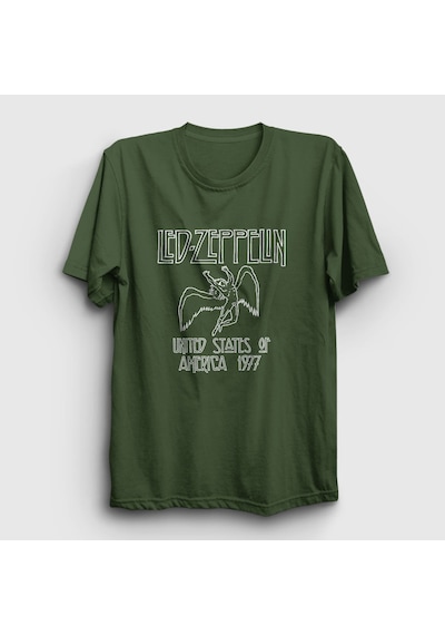Presmono Unisex Logo Led Zeppelin T-shirt Haki