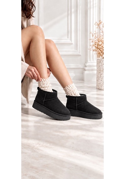 Dabab Shoes Kardelen Kadın Siyah Lüks Süet İçi Kürklü Sıcak Astarlı 5 Cm Kalın Tabanlı Kısa Bot Kar Botu