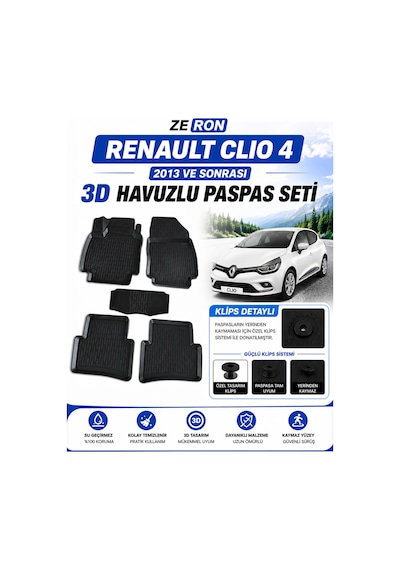 Renault Clio 4 2013 Ve Sonrası 3d Havuzlu Paspas Seti Su Geçirmez Kaymaz Siyah 5 Parça