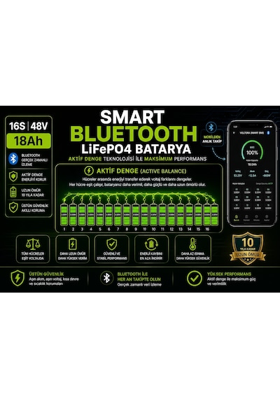 VSM Uyumlu 48v 18ah LiFePO4 Smart Batarya (uzun menzil, stabil güç, 10 yıl ömür) +Bluetooth