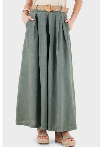 Via Dante Relaxed Fit Yüksek Bel Bol Paça Keten Pantolon Bayan Pantolon 7544 Haki