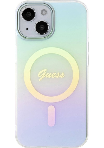 Apple Uyumlu iPhone 15 Kılıf Guess Lisanslı Magsafe Şarj Özellikli Yazı Logolu Iridescent Siyah