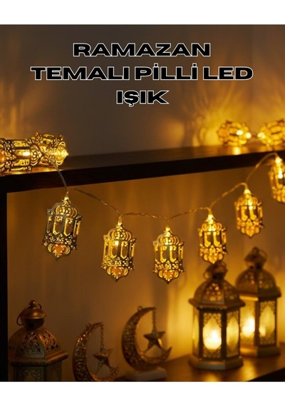 Pilli Ramazan Işıkları Altın Renk Fener Figürlü Led Süsleme Resimdeki