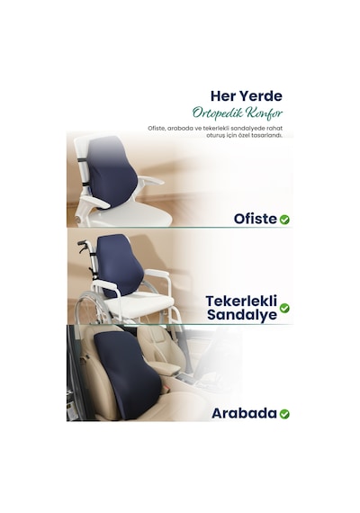 Anatomik Ortopedik Visco Bel Destek Yastığı Kilitli Sabitleme Lastiği, Ofis, Araba Lacivert