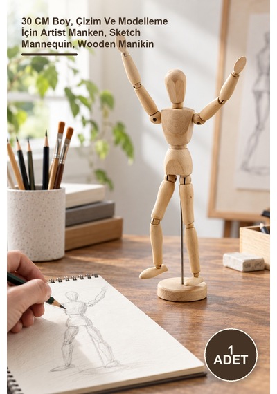 1 Adet Ahşap Eskiz Manken 30 Cm Boy, Çizim Ve Modelleme İçin Artist Manken, Sketch Mannequin, Wooden Manikin