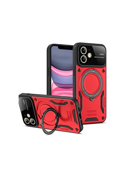 Apple Uyumlu iPhone 11 Kılıf Tam Koruma Sağlayan Manyetik Standlı Tank Silikon Kapak Ryc/joy Lens Kirmizi