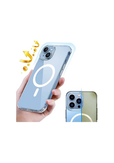 Vendas Apple Uyumlu iPhone 14 Kılıf M-safe Şarj Özellikli Şeffaf Sert Pc Zore Embos Kapak + Hayalet Ekran Koruyucu Şeffaf