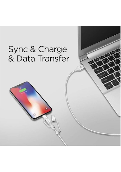 Spigen Essential 3in1 Lightning + USB-C + Micro USB Dayanıklı Naylon Örgü Hızlı Şarj ve Data Kablo MFI Lisanslı (1.5 Metre) C10i3 Silver - 000CB23017