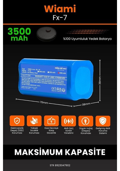 Robo Mi Wiami Fx-7 Robot Süpürge Bataryası, 3500mah Gerçek Kapasite, Maksimum Güvenlik, Model M288, Mavi