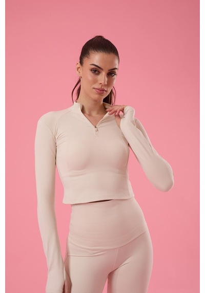 Ayessa Kadın Uzun Kollu Crop Spor Üst 4018-e Krem