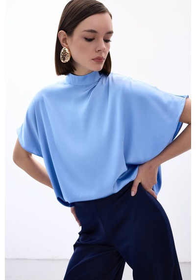Sateen Yarasa Kol Salaş Bluz - Bebe Mavi-136539 Bebe Mavi