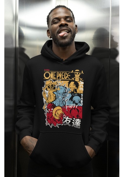 Sevbano Monkey D. Luffy Ace Sabo Baskılı Unisex Oversize One Piece Anime Siyah
