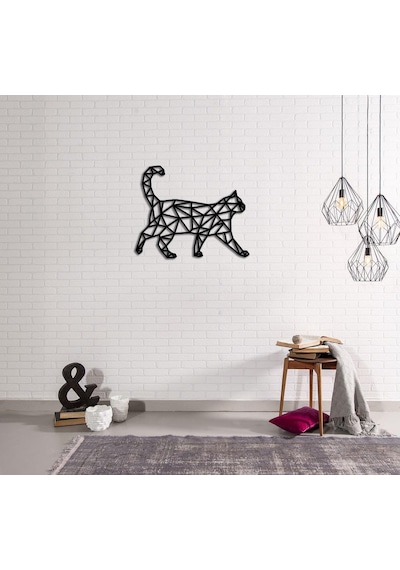 Cajuart Dekoratif Geometrik Desen Büyük Kedi Ahşap Duvar Tablo Sü