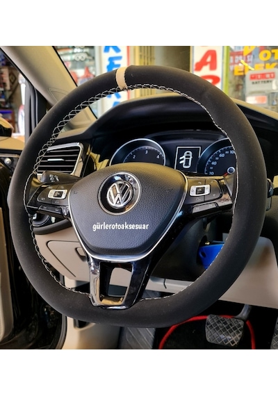 Volkswagen Golf 7 Dikmeli Direksiyon Kılıfı Alkantra Bej Yüzüklü