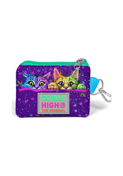 Coral High Mor Yeşil Kedi Desenli Bozuk Para Çantası - Kız Çocuk Çok Renkli