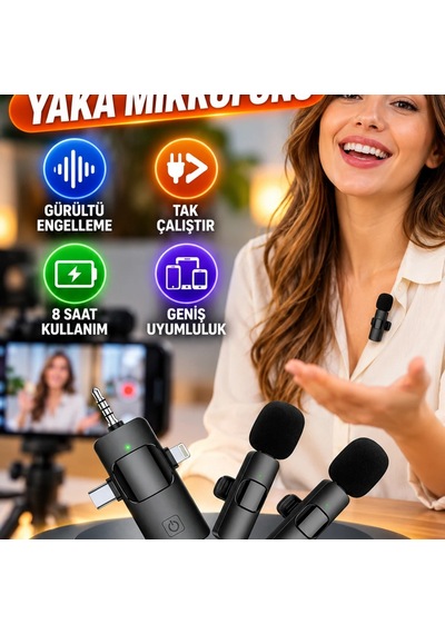 Kablosuz Yaka Mikrofonu Gürültü Engelleme, Tak Çalıştır, 8 Saat Kullanım