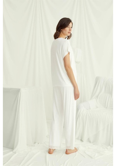 Monamise Kadın Kısa Kollu V Yakalı Dantelli Pijama Takımı 18513-ekru Ekru