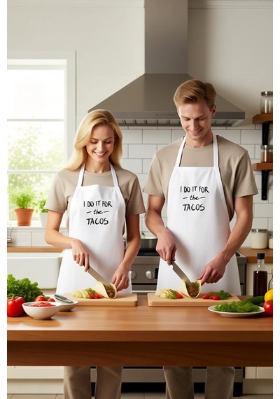 Unisex Mutfak Önlüğü Taco Baskılı Retro Tasarım Dijital Baskı Rah Beyaz