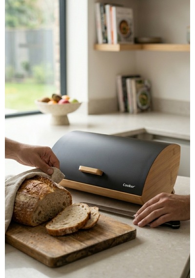 Cooker Novella Metal Kapaklı Bambu Ekmek Kutusu Ckr4543 Siyah