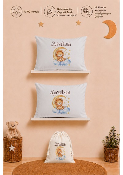 İsme Özel Erkek Bebek Hediyesi 2 Adet 35x45 %100 Pamuk Yastık Kılıfı Ve Ham Bez Bebek Kıyafet Kesesi 1016y2kyx
