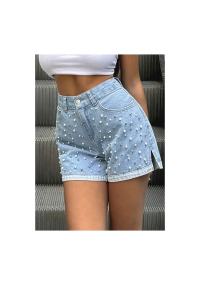 Kene Jeans Paça Yırtmaç Buz Kar İnci Detaylı Yüksek Bel City Boy Denim Şort Buz Kar