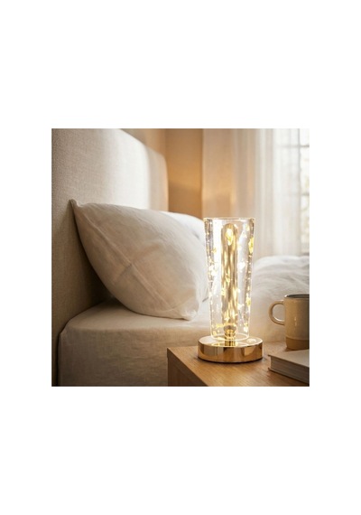 Plentiful Plentiful Silindirik Kristal Altın Toz Model Led Masa Lambası Gold Tabanlı, Dokunmatik, 3 Renk Işık