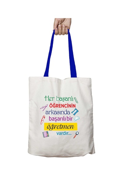 Art Hediye Mavi Kulplu Başarılı Öğretmen Vardır Yıkanabilir Omuz Çanta Çok Renkli