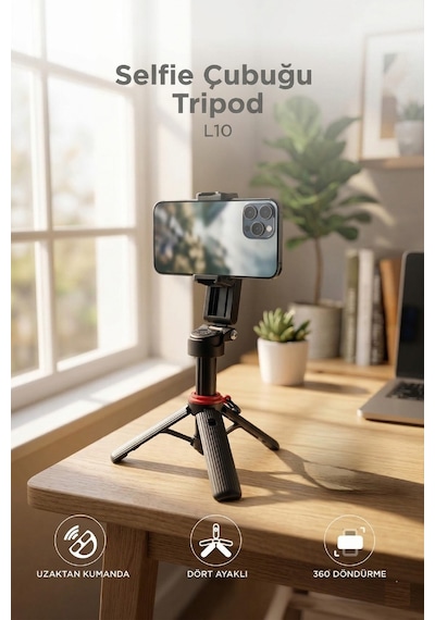 Tripod Çok Amaçlı 360 Derece Kumandalı Mini Selfie Çubuğu L10 Siyah