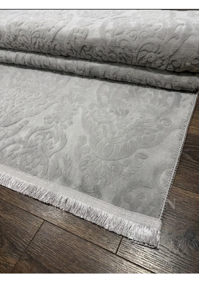Rölyef Gri Joy Saçaklı Modern Yumuşak Dokulu Kabartmalı Kaymaz Taban Kesme Halı Yolluk