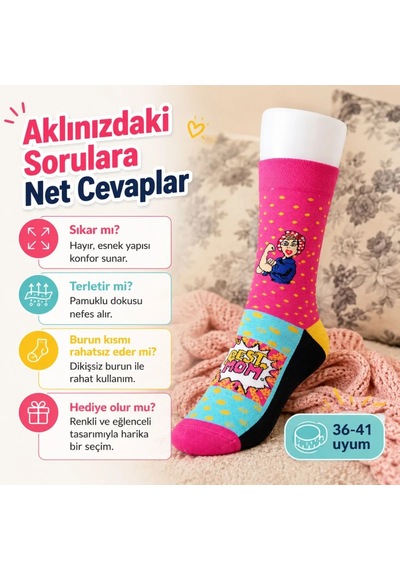 DS Wak Best Mom Kadın Çorabı 36-40 Pamuklu Dikişsiz Burun Pop Art Desenli Renkli Soket Hediyelik Çorap Çok  Renkli