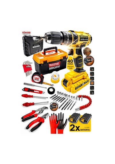 Premium Seri 40 Parça Pense Fortpense Yıldız Düz Metal Şansuman2x Akülü Matkap Set