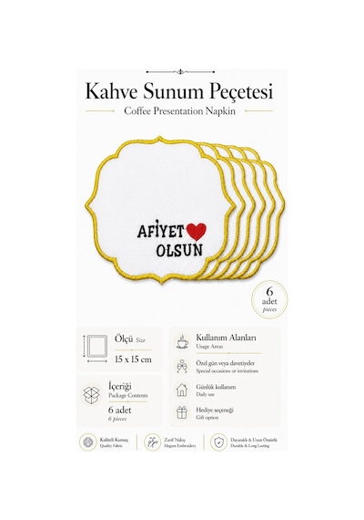 Gold Nakış İşlemeli 6'lı Kahve Yanı Sunum Peçetesi Çeyizlik Kahve Altı Sunum Peçetesi Zelmira Gümüş