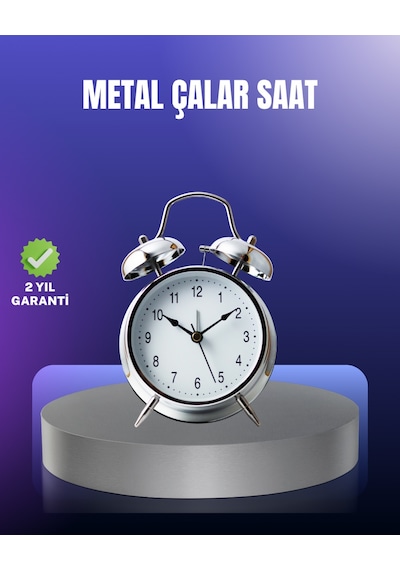 Nrzsnt Yuvarlak Gümüş Dekoratif Işıklı Masa Üstü Saat Alarmlı Sessiz Çalışma