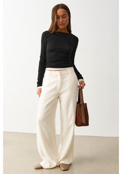 Madmext Ekru Yüksek Bel Keten Wide Leg Pantolon Mg2718