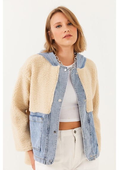 Shade Kadın Kapüşonlu Denim Detaylı Peluş Ceket 60251807 - Bej