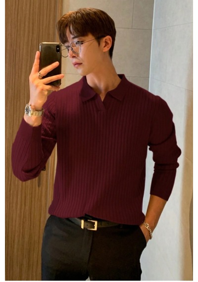Cool Tarz Erkek Polo Yaka Triko Kazak Slim Fit Fitilli Bordo
