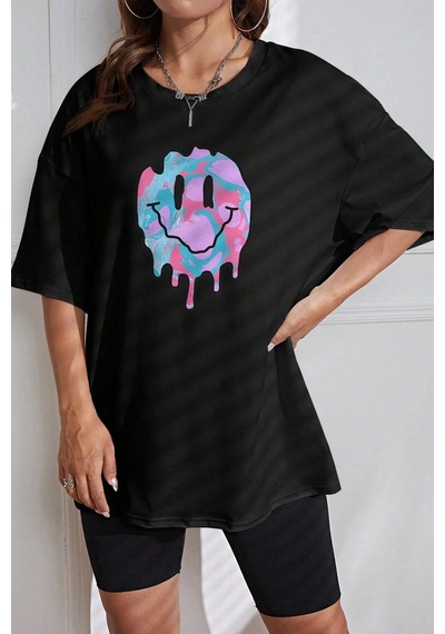 Unisex Smile Baskılı Tasarım Tshirt Siyah