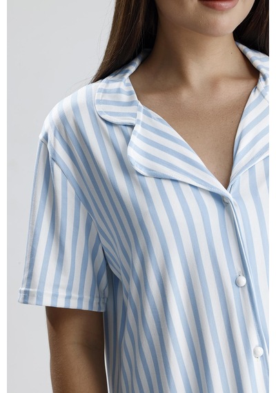 Kompedan Kadın Çizgili Önden Düğmeli Pijama Takım Mavi Çzg Mavi