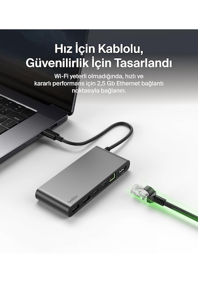 Belkin Connect 8 Portlu Usb-c Hub, 4k 60hz'100 W Pd, 10 Gbps Veri Aktarım Hızı Ve 2,5 Gbps Ethernet - Gri