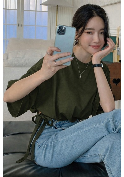 Kadın Oversize Basic Haki Tişört Yan Bağlamalı Rahat Kesim Günlük Yazlık T-shirt