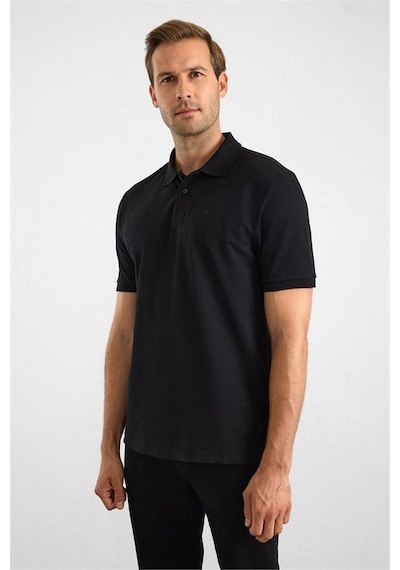 Süvari Siyah Regular Düz Nakışlı Pike Düğmeli Polo Yaka Tişört Sts1014000018-s09