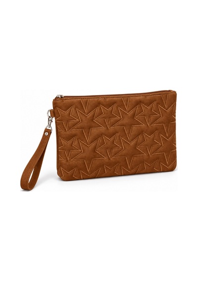 Adelina Bags Süet Yıldız Nakış İşlemeli Portföy El Çantası Bilek Askılı Astarlı Süet Clutch Çanta Taba