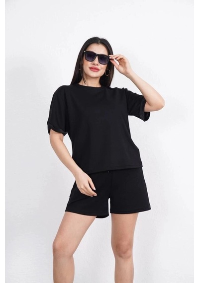 Freedom Storee Osy Modal Yumuşak Dokulu Kumaş Kadın Bisiklet Yaka T-shirt Kısa Şort İkili Takım - Siyah Çok Renkli