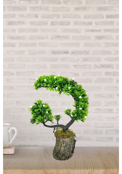 Yapay Çiçek Bonsai Ağacı Kütük Saksıda Beyaz Tomurcuklu Hilal Model Dekoratif Yapay Ağaç Bonzai 30 20 Cm