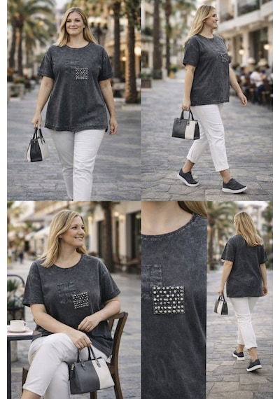 Cedy Denim Cedy - Kadın Özel Tasarım Esnek, Pul Payet, Dantel Detaylı Yıkamalı Büyük Beden Tişört Antrasit Cedy Denim Cedy - Kadın Özel Tasarım Esnek, Pul Payet, Dantel Detaylı Yıkamalı Büyük Beden Tişört Antrasit