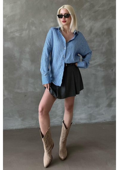 Madmext Mavi Çizgili Oversize Kadın Gömlek Mg2327 Mavi