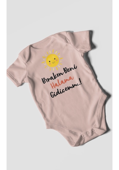 Bırakın Beni Halama Gidicemm Baskılı Bebek Zıbını Çıtçıtlı Body %100 Pamuk Kısa Kol Pastel Pembe